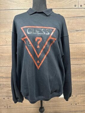 GUESS Women's Black Crewneck Sweater with Red Triangle Logo